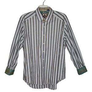 Robert Graham Shirt Mens XL Blue Tan Stripe Geometric Flip Cuff Career‎ Casual
